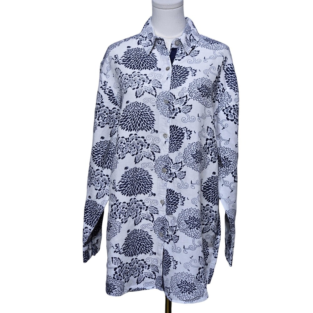 Soft Surroundings Shirt Womens Medium Linen Floral Button Up Tunic Top‎